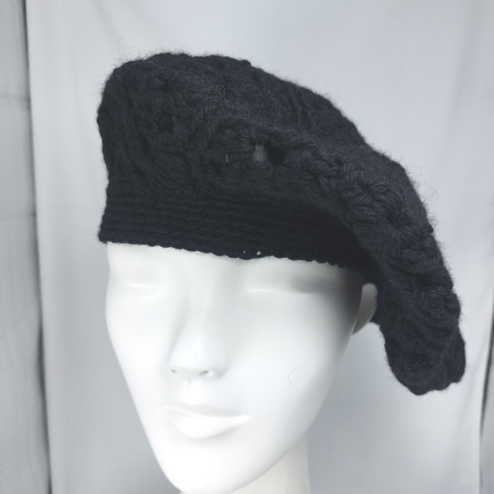 Handmade Crochet Granny‎ Square Beret Black Boho Slouchy Hat 5.5" Opening